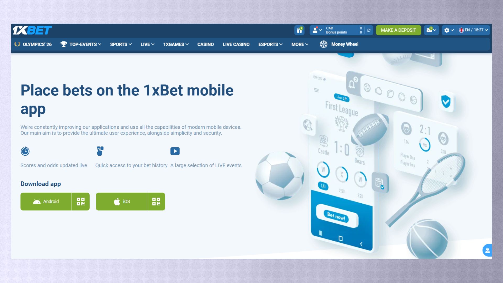 Skärmdump av 1xbet mobilappens gränssnitt, visande liveodds och spelmarknader