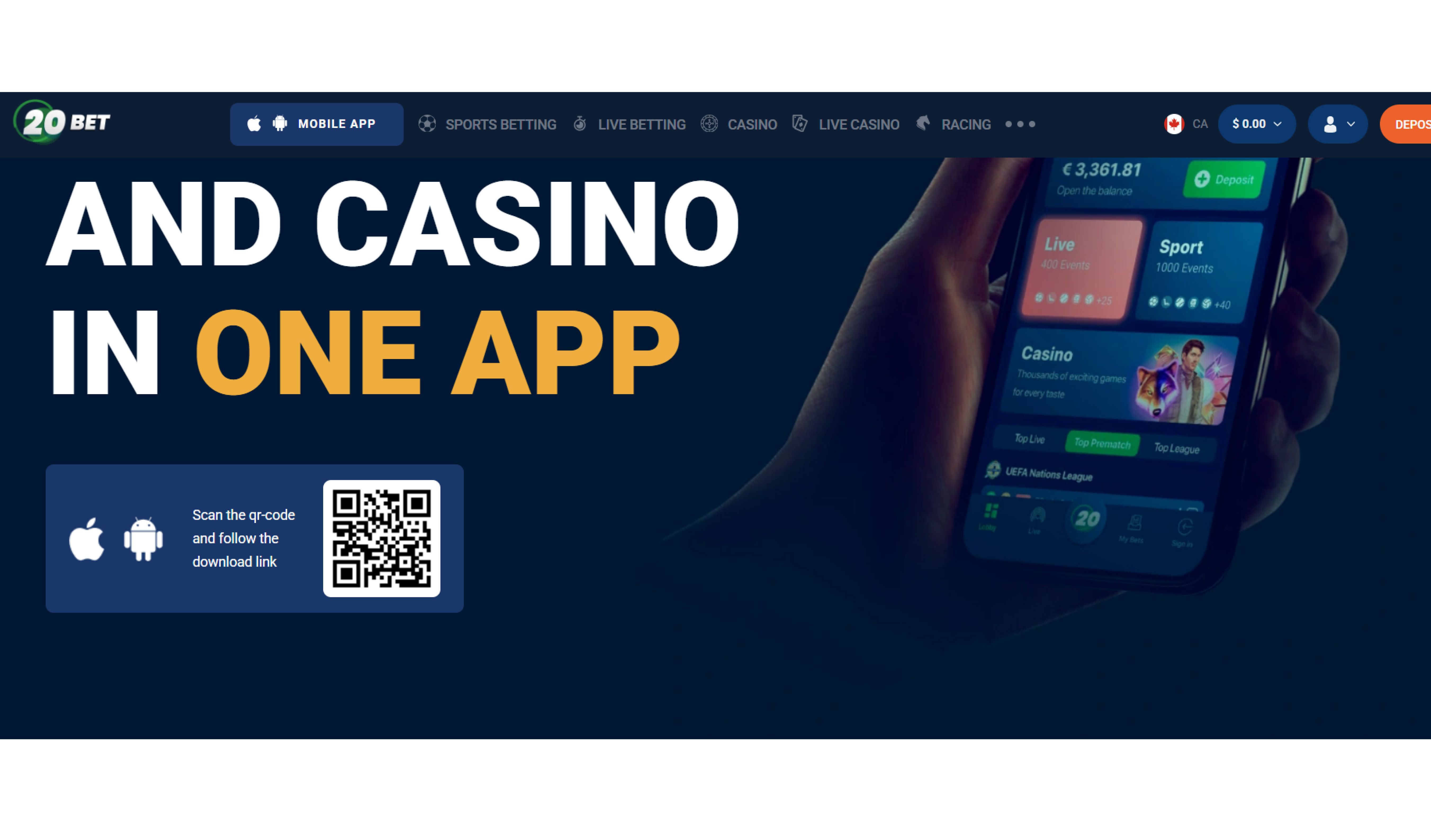 Zrzut ekranu aplikacji 20bet na urządzeniu mobilnym