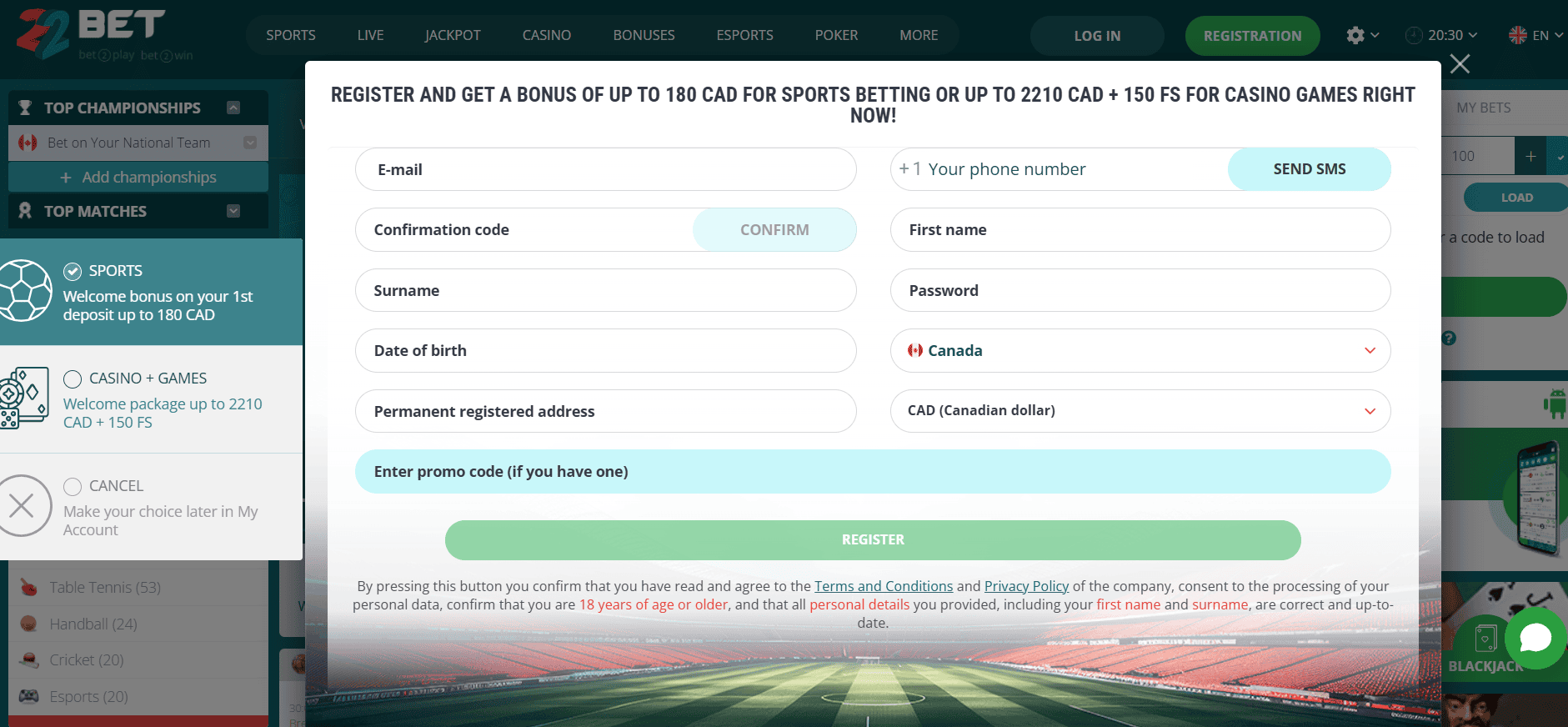 Proces rejestracji w 22Bet